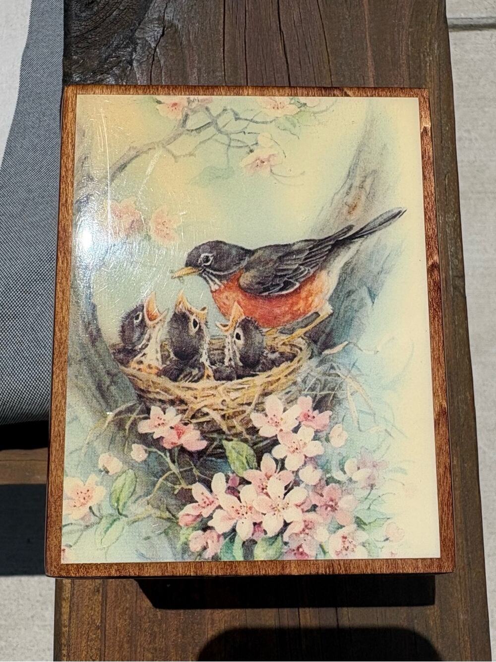 Reuge Bird Family Music Box - Robin with Nest and Blossoms